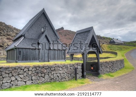 Replica of a historical stave church at a skansen at Heimaey, Iceland