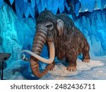 a replica of a mammoth with long tusks is in a museum