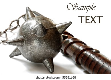 Replica Of Medieval Flail On White Background With Copy Space.  Macro With Shallow Dof.