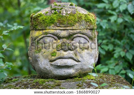 Replica of Olmec civilization Sculpture, colossal head carved from stone in forest. Big stone head statue in a jungle.