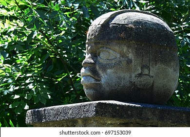 Replica Of Olmec Round Stone Head Statue On Pedestal 