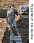 Replica Of Statue of David in front of the Palazzo Vecchio in Piazza della Signoria in Florence, Italy.