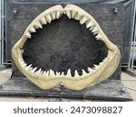 Replica of the teeth of an extinct shark named megalodon or megalodonte. Life-size copy of ancient prehistoric shark jaw