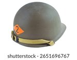 Replica of a World War Two American M1 helmet with 2nd Ranger Battalion marking at the back. Helmet is isolated against a white studio background.