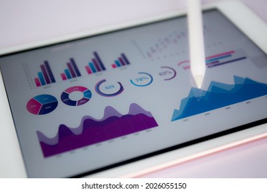 Report Graph And Chart Of Investment With Finance On Tablet Computer On Desk, Datum Of Stock And Growth, Planning And Statistic With Economic, No People, Digital Marketing, Business Concept.