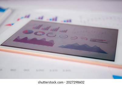 Report Graph And Chart Of Investment With Finance On Tablet Computer On Desk, Datum Of Stock And Growth, Planning And Statistic With Economic, No People, Digital Marketing, Business Concept.