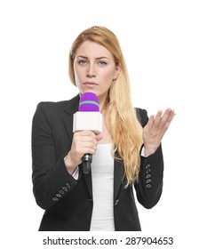 Report Important News Attractive Blonde TV Presenter Holding A Microphone. Isolated On White Background.