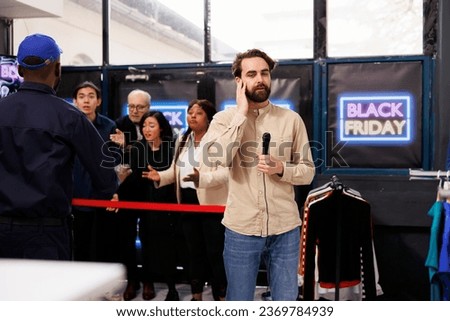 Similar – Image, Stock Photo Journalist holding microphone making media interview