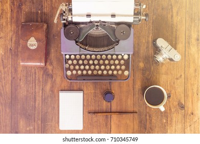 Reporters Typewriter And Tools. Top View.