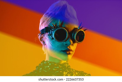 Representation of a bionic super human with advanced technology parts as vr visors and gadgets playing in a mixed reality training room. Futuristic cyberpunk evolution of human mankind and AI