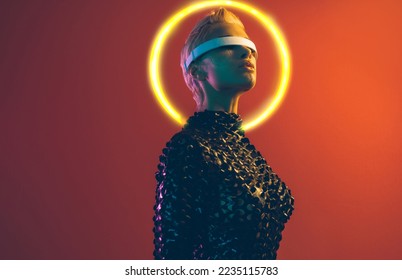 Representation of a bionic super human with advanced technology parts as vr visors and gadgets playing in a mixed reality training room. Futuristic cyberpunk evolution of human mankind and AI - Shutterstock ID 2235115783