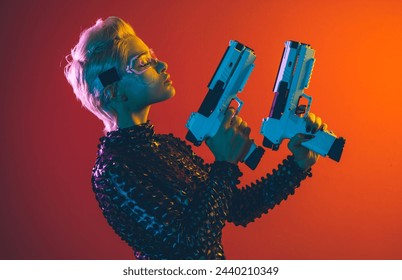 Representation of a bionic super human with advanced technology parts as vr visors and gadgets playing in a mixed reality training room. Futuristic cyberpunk evolution of human mankind and AI