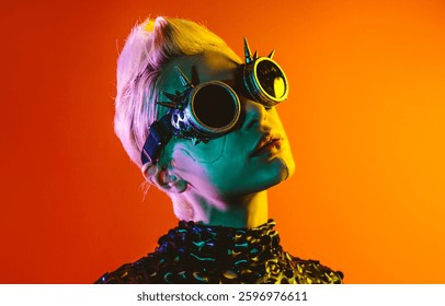Representation of a bionic super human with advanced technology parts as vr visors and gadgets playing in a mixed reality training room. Futuristic cyberpunk evolution of human mankind and AI