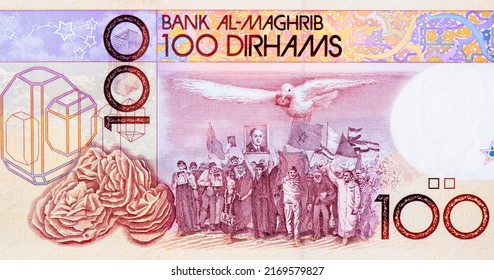 Representation Of The Green March (1975), Portrait From Morocco 100 Dirhams 1987 Banknotes.