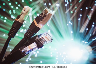 Representation of the most current method of connectivity to the Internet and spread of the flow of information data. Copper Ethernet technology and optical fiber technology