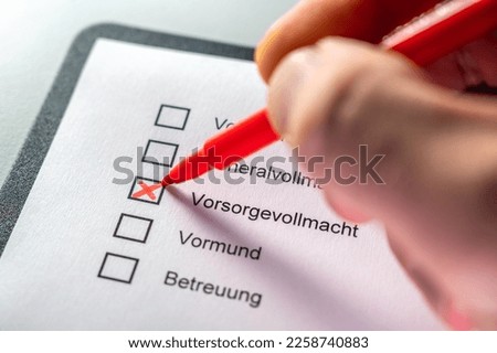 Representation of a person by a health care proxy shown with a ticked list and the words health care proxy, guardian and care in German language