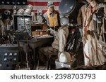 Representation of a scene from the Second World War in Normandy. American soldier sitting at a portable campaign desk strategizing war