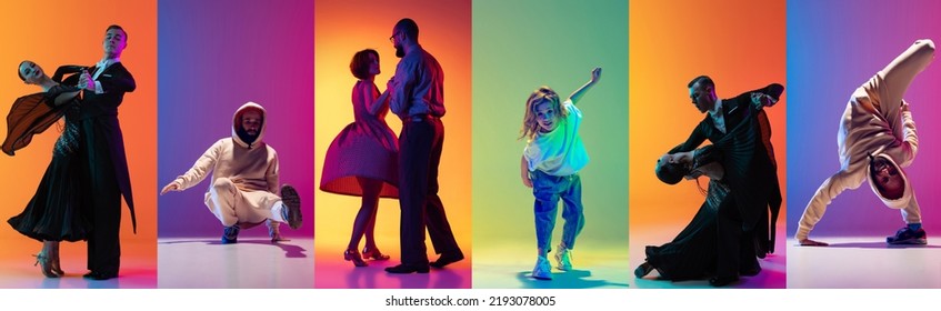 Representatives Of Various Dance Styles. Ballroom, Hip-hop And Breakdance Dancers Over Colorful Background In Neon. Dance Battle. Concept Of Music, Fashion, Art. Collage