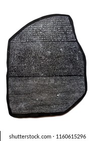 Reproduction of rosetta stone, key to deciphering Egyptian hieroglyphs. Isolated over a white background