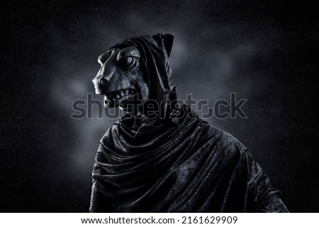 Reptile in hooded cloak at night over dark misty background