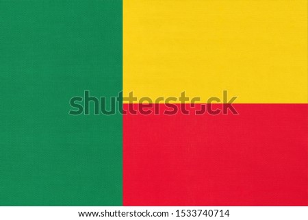 Republic Benin national fabric flag textile background. Symbol of international world african country. State official beninese sign.