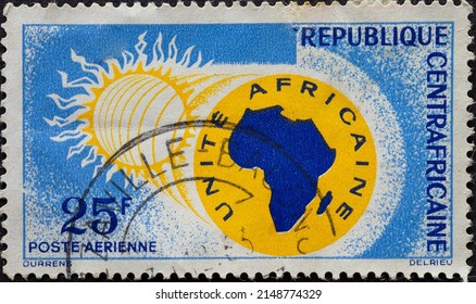 Republic Of Central Africa  - Circa 1963: A Postage Stamp From CRepublic Of Central Africa , Showing A Sun And The Outline Of The Continent Of Africa. Airmail-African Unity