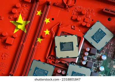 Republic of China flag on a red painted PC motherboard with some processors on it. Concept for supremacy in global microchip and semiconductor manufacturing. Italy