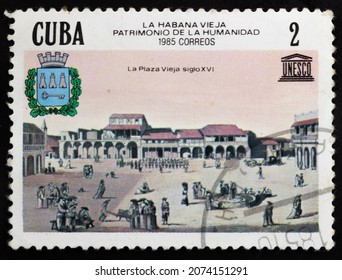 Republic of Cuba - CIRCA 1985: Postage stamp 'City Square, 16th-century' printed in Republic of Cuba. Series: 'UNESCO World Heritage - Old Havana', 1985
