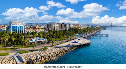 Republic of Cyprus. Limassol. The Seafront Of Limassol. The mediterranean coast. Tourist area with hotels. Panorama of Cyprus on a Sunny day. Rest on the Mediterranean.