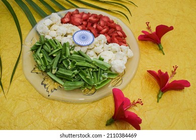 Republic Day Of India Food. Independence Day Of India Food. Raw Vegetables Concept Theme Depicting Indian Flag Tricolor Tiranga Jhanda