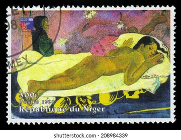REPUBLIC NIGER - CIRCA 1998: A stamp printed in Niger shows painting by Paul Gauguin, Spirit of the Dead Watching (Manao tupapau), series, circa 1998