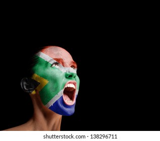 The Republic Of South Africa Flag On The Face Of A Screaming Woman. Concept