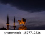 Republic Square in Kayseri. Ataturk statue flag and mosque in the same photo. night photo