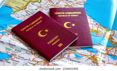 Republic of Turkey passports in Turkish text"Türkiye Cumhuriyeti Pasaport" on the Turkey`s road map in Turkish language               