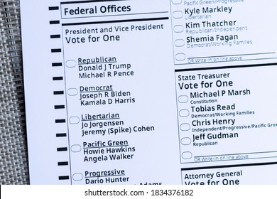 Republican Candidates Donald Trump And Mike Pence As Well As Democratic Candidates Joe Biden And Kamala Harris Listed On The Ballot. Portland, Oregon / USA - October 2020.