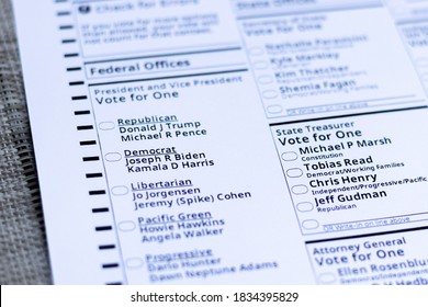 Republican Candidates Donald Trump And Mike Pence As Well As Democratic Candidates Joe Biden And Kamala Harris Listed On The Ballot. Portland, Oregon / USA - October 2020.