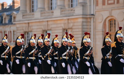 Republican Guards Of Honour From France Photographed Marching At Palace Of Versailles. 2022.