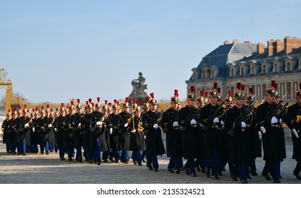 Republican Guards Of Honour From France Photographed Marching At Palace Of Versailles. 2022.