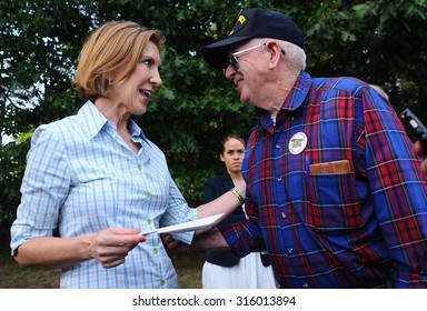Republican Presidential Candidate Carly Fiorina Greets A Veteran In Dover, New Hampshire, On September 12, 2015. 