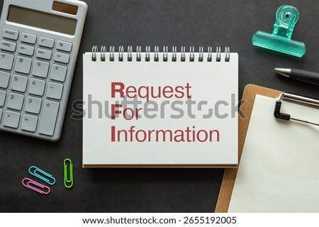 Request For Information notebook image for Business. Excellent for blog posts covering procurement, project planning, RFI, and strategic development.