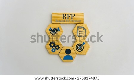 Request for proposal (RFP) concept, wooden hexagon cube with rfp concept icon on white background.
