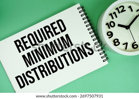 Required Minimum Distribution text with alarm clock flat lay on green background