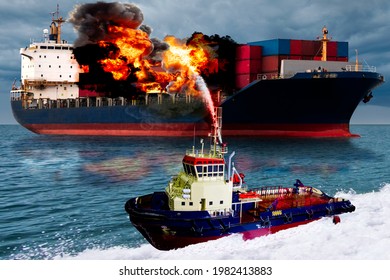 A rescue boat heads towards a fuel ship on fire. large cargo ship for logistic import export goods has the explosion and had a lot of fire and smoke at sea 