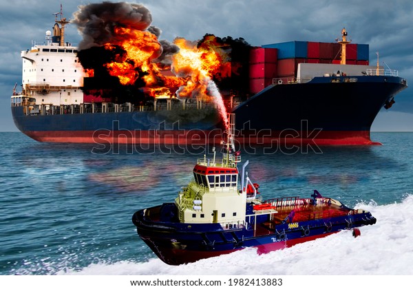 A rescue boat heads towards a fuel\
ship on fire. large cargo ship for logistic import export goods has\
the explosion and had a lot of fire and smoke at sea\
