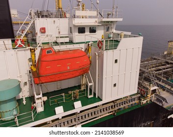 Rescue Boat On A Large General Cargo Ship Tanker Bulk Carrier Aerial View