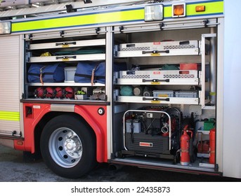 Rescue Equipment Inside A Modern Fire Engine.