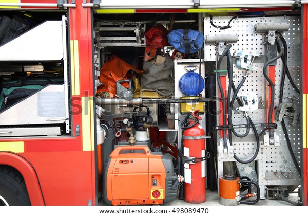 Rescue\
Equipment Inside packed inside a fire\
truck