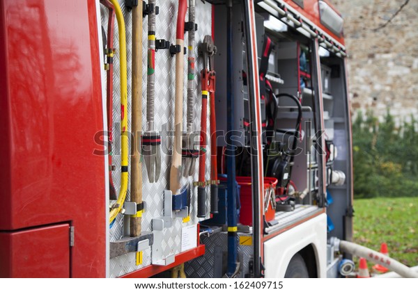 Rescue equipment and tool of fire-fighting\
truck, close-up