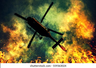 Rescue Helicopter Flying Over Fire Disaster With Dense Smoke. Firefighting And Life Saving Concept.