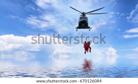 Rescue helicopter in mission sea rescue .